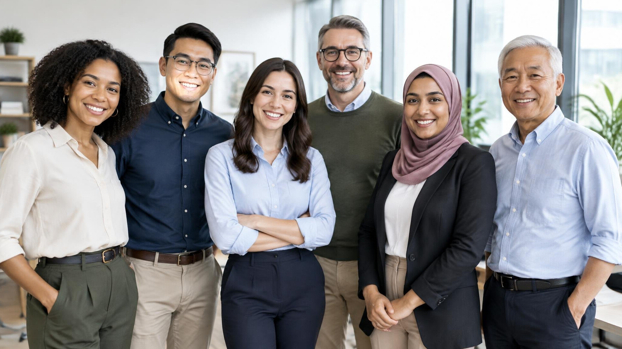 Diverse group of team members standing together and smiling